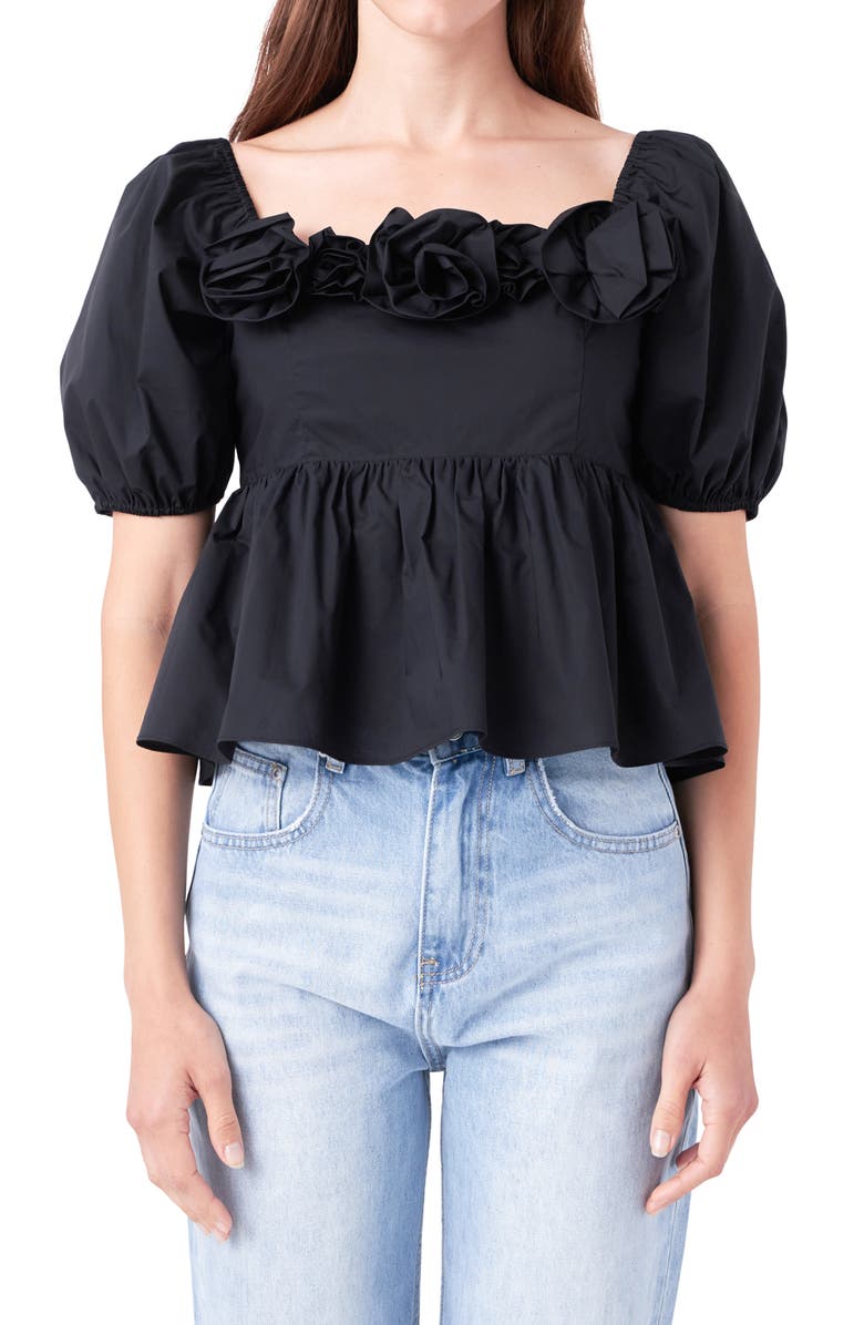 English Factory Corsage Detail Cotton Poplin Top, Alternate, color, Black