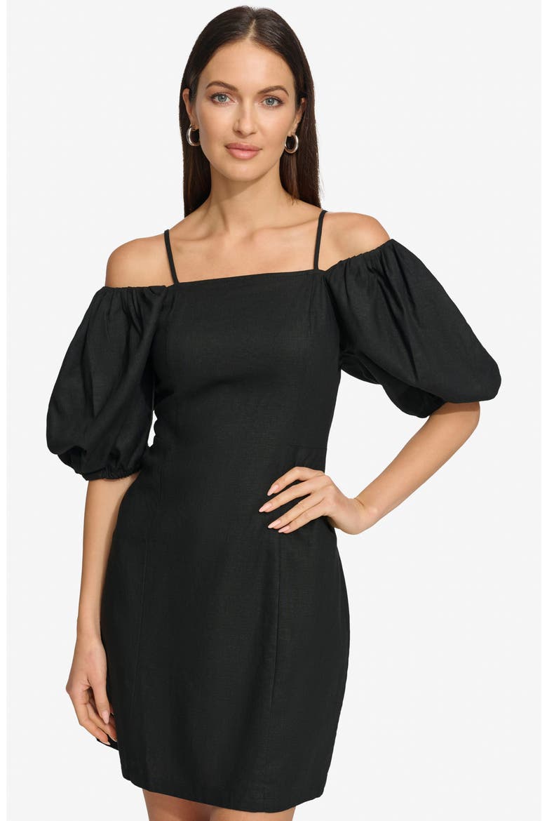 Puff Sleeve Linen Blend Sheath Dress, Alternate, color, BLACK