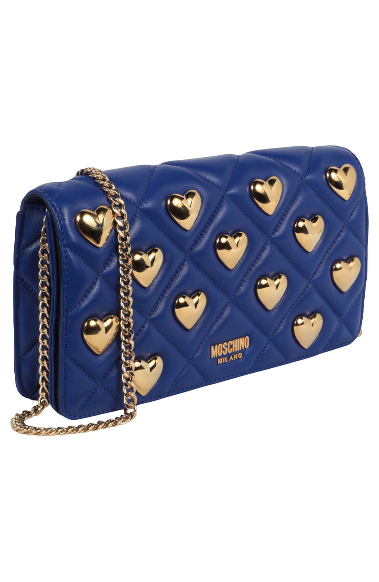 Moschino Heart Studded Quilted Shoulder Bag, Alternate, color, 