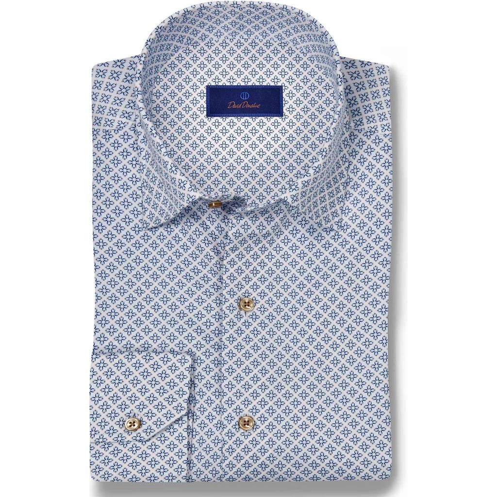 David Donahue Neat Geometric Print Cotton Oxford Cloth Button-up Shirt In White/blue