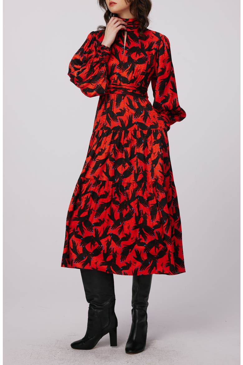 Sai Hand Print Long Sleeve Midi Dress, Alternate, color, STAGE HANDS RED