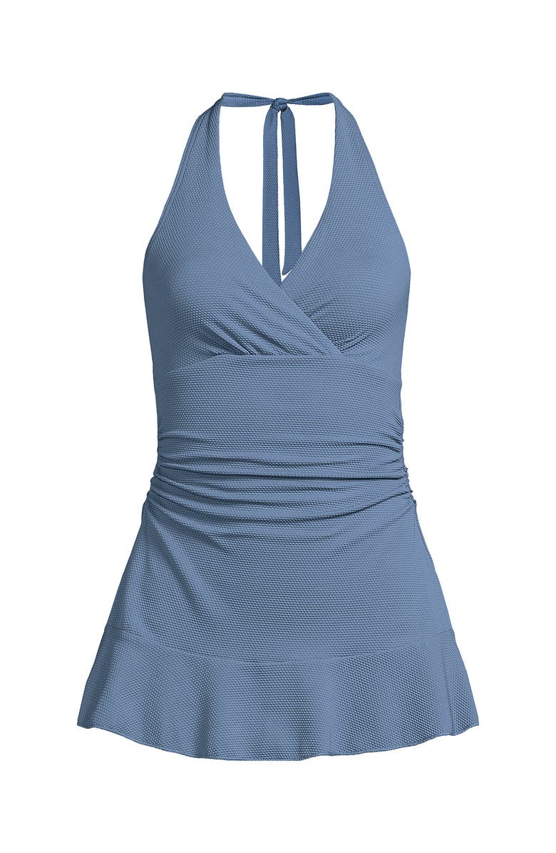 Lands' End Plus Size Pique Halter Ruffle Hem Mini Swim Dress Swimsuit, Alternate, color, Dusk Sky