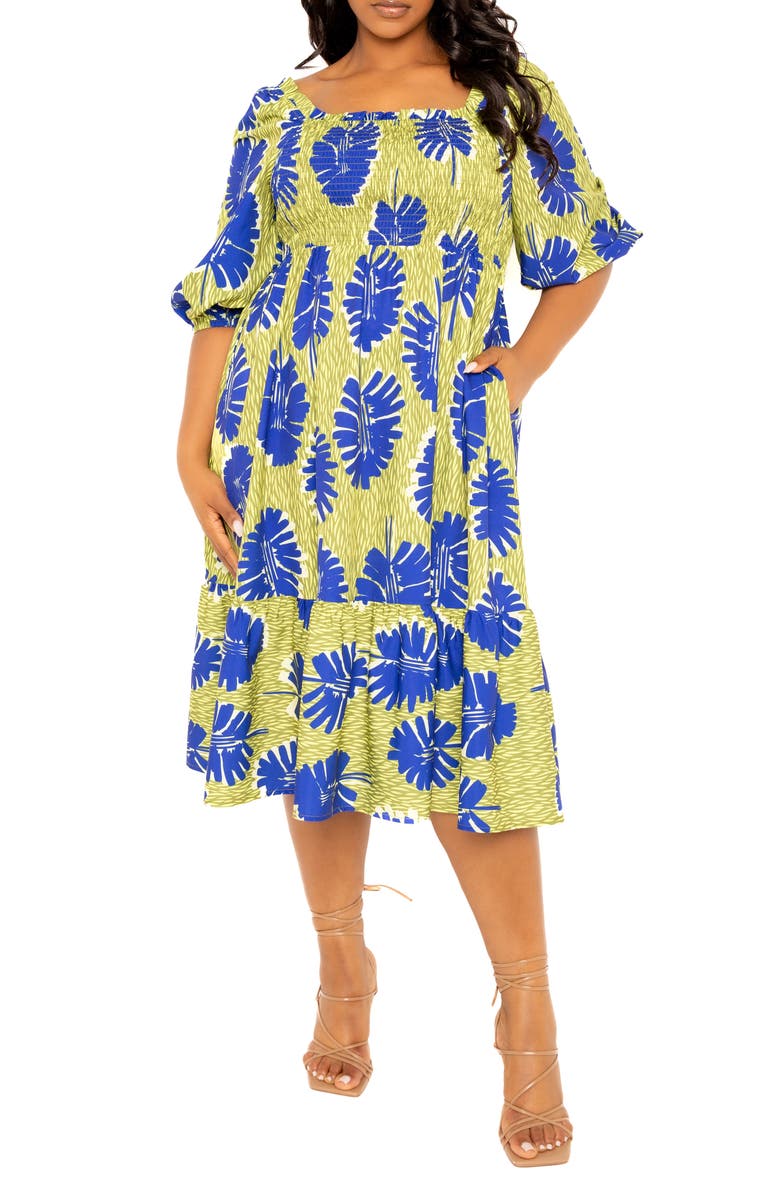 BUXOM COUTURE Print Smocked Midi Dress, Alternate, color, 