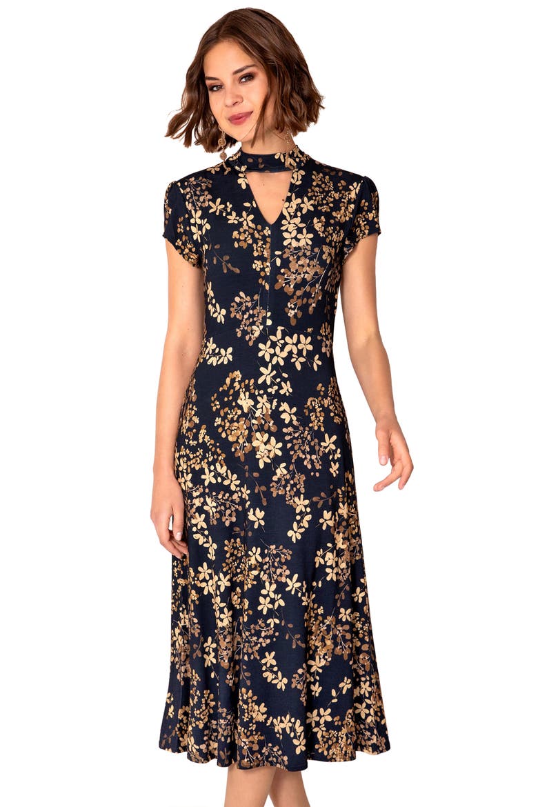 Choker Keyhole Midi Dress Floral Skirt, Main, color, Golden Blossom