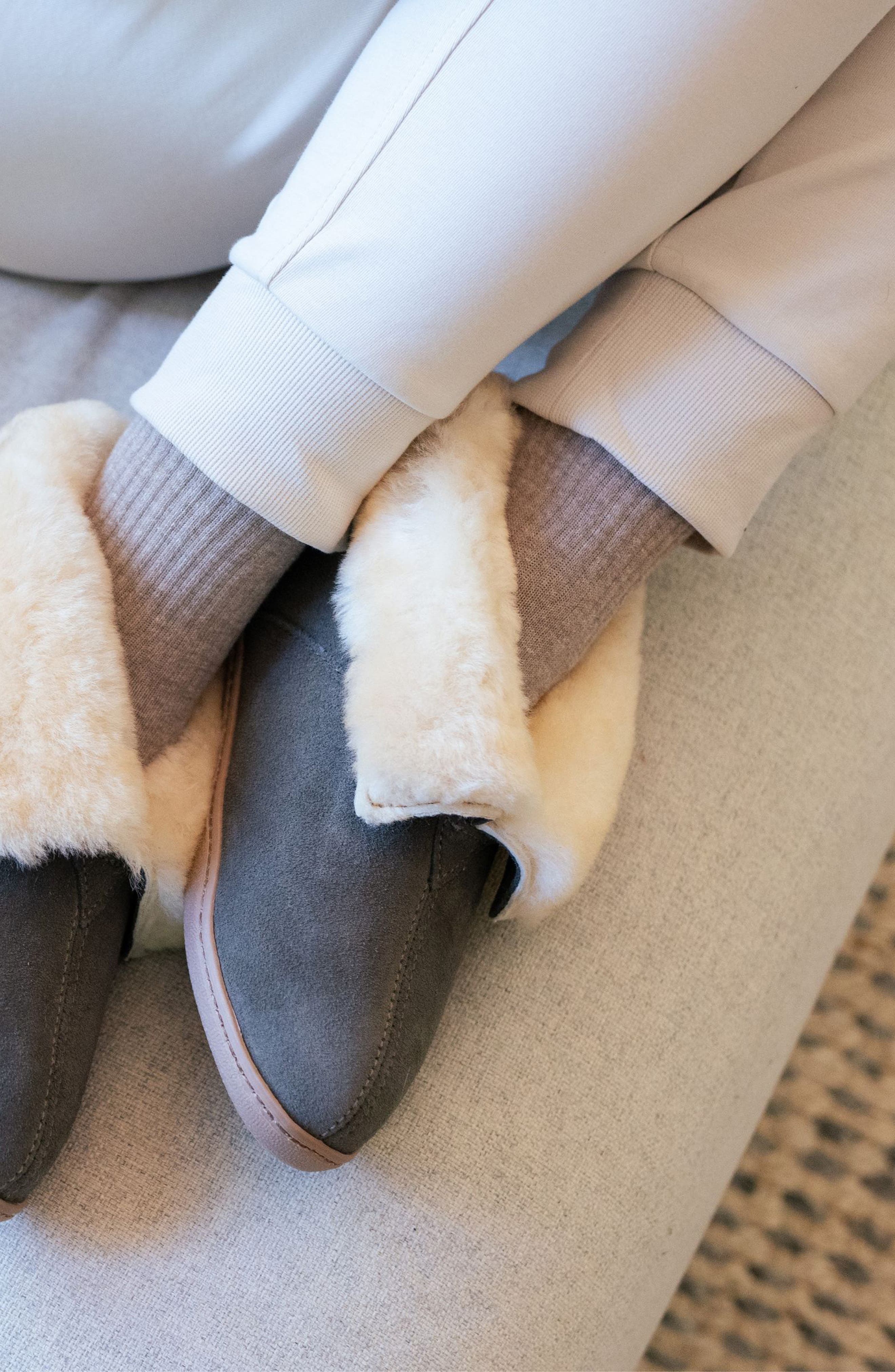 Minnetonka Sheepskin Slipper Bootie, Alternate, color, Grey Suede