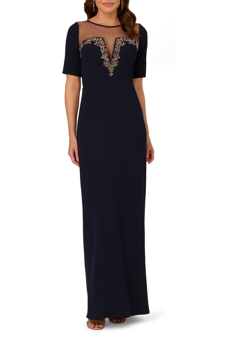Illusion Neck Stretch Crepe Column Gown, Main, color, MIDNIGHT