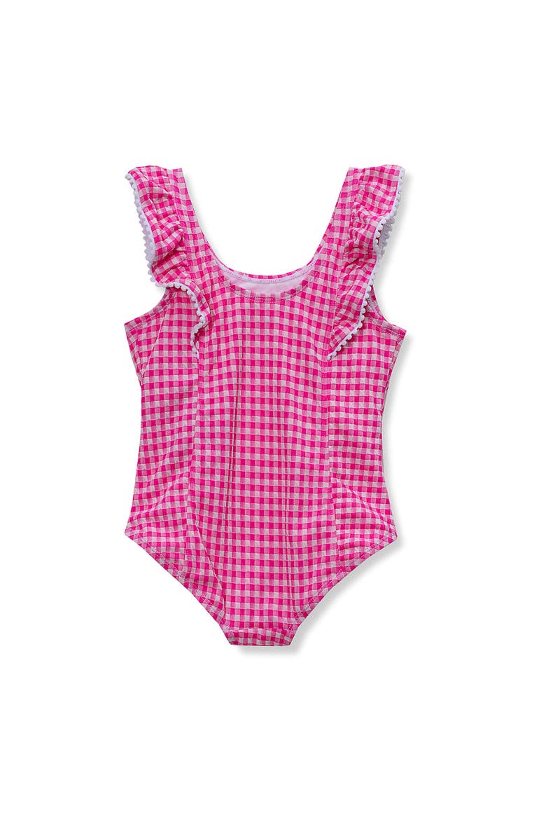 Girls Chlorine Resistant Scoop Neck Ruffle One Piece Swimsuit, Alternate, color, Pink/Textured Gingham