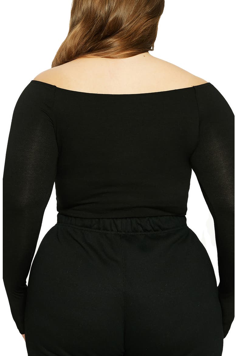 x Lori Harvey Front Cutout Off the Shoulder Crop Top, Alternate, color, BLACK
