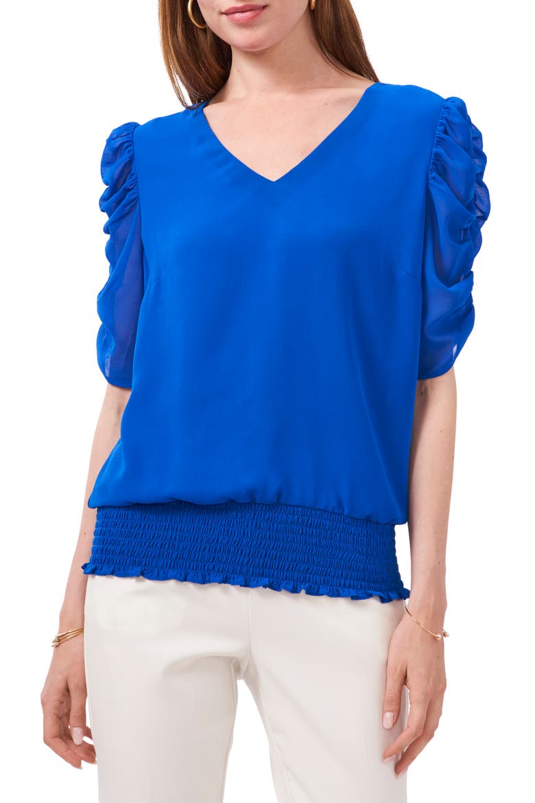 Ruched Sleeve V-Neck Blouse, Main, color, ELECTRIC GLOW