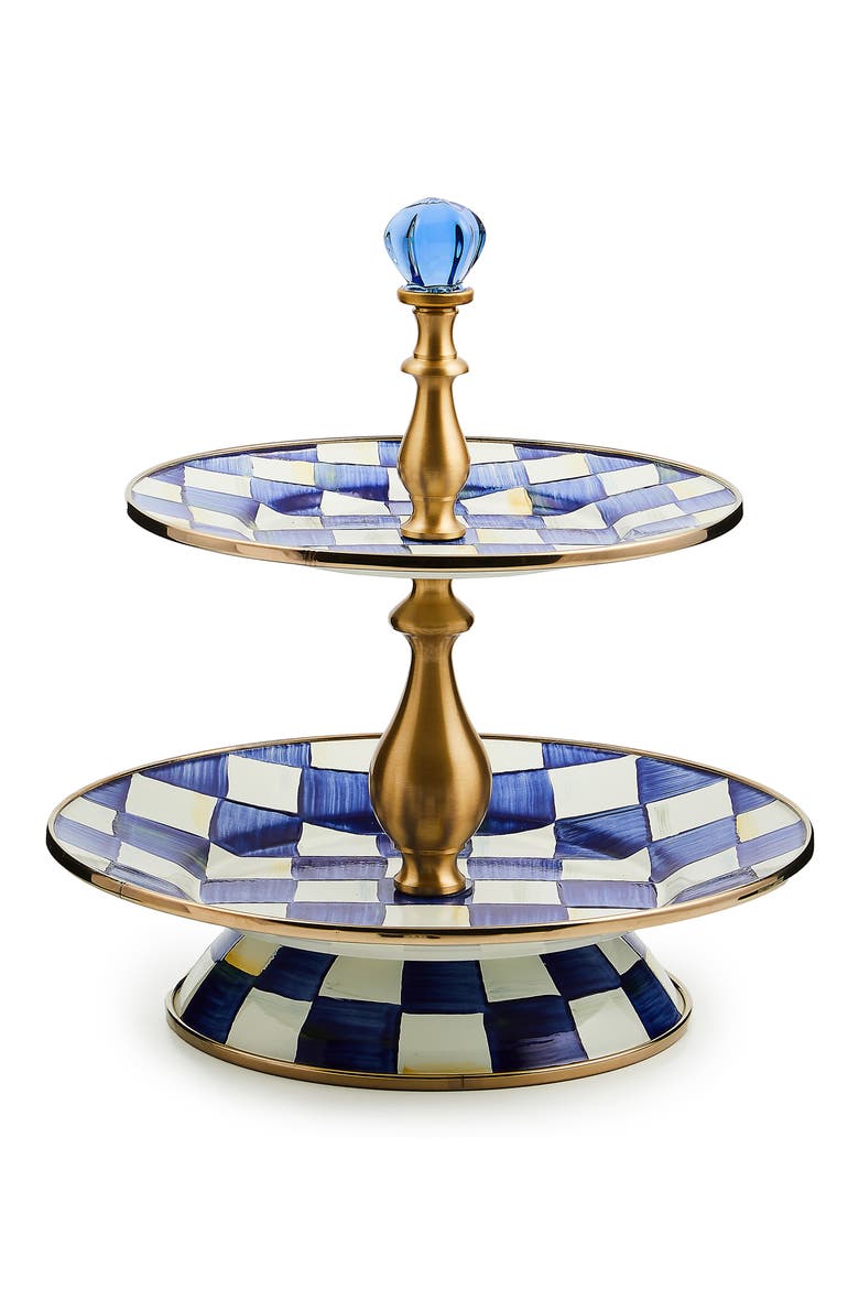 Royal Check Enameled Steel 2-Tier Sweet Stand, Main, color, BLUE/ WHITE