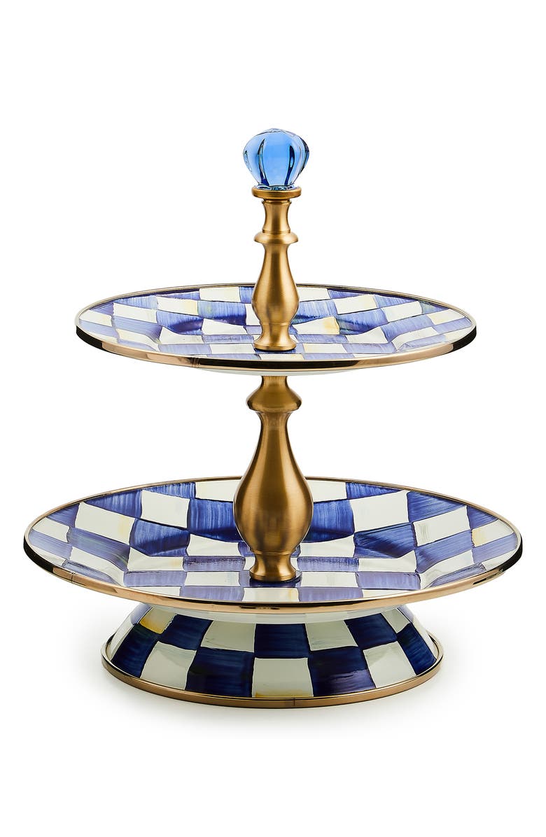 MACKENZIE CHILDS Royal Check Enameled Steel 2-Tier Sweet Stand, Main, color, Blue/ White