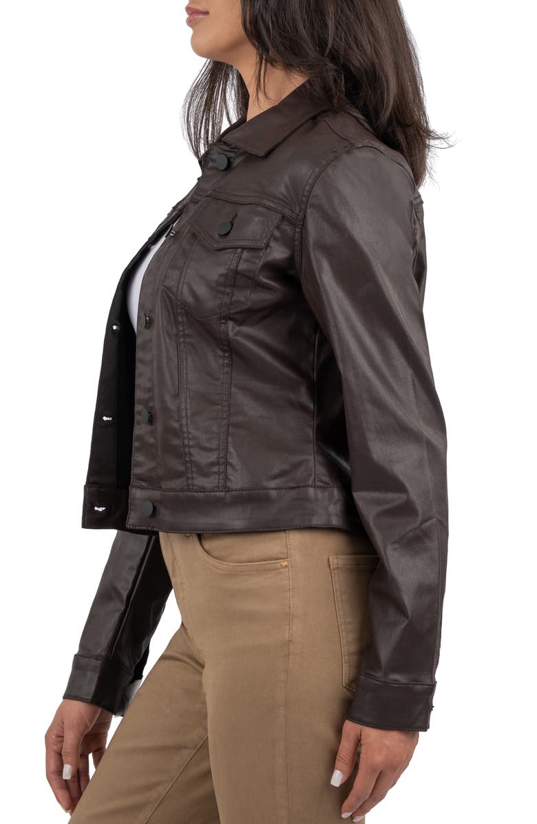 KUT from the Kloth Julia Coated Crop Denim Trucker Jacket, Alternate, color, Chocolate Jm