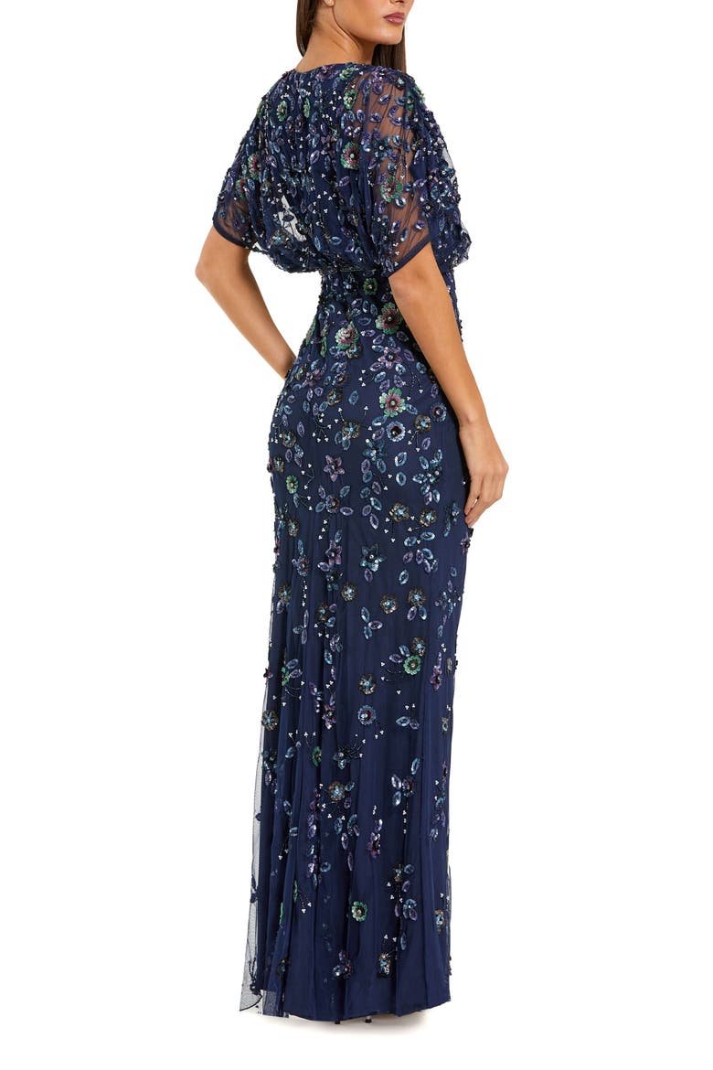 Floral Embellished Short Sleeve Blouson Gown, Alternate, color, Navy