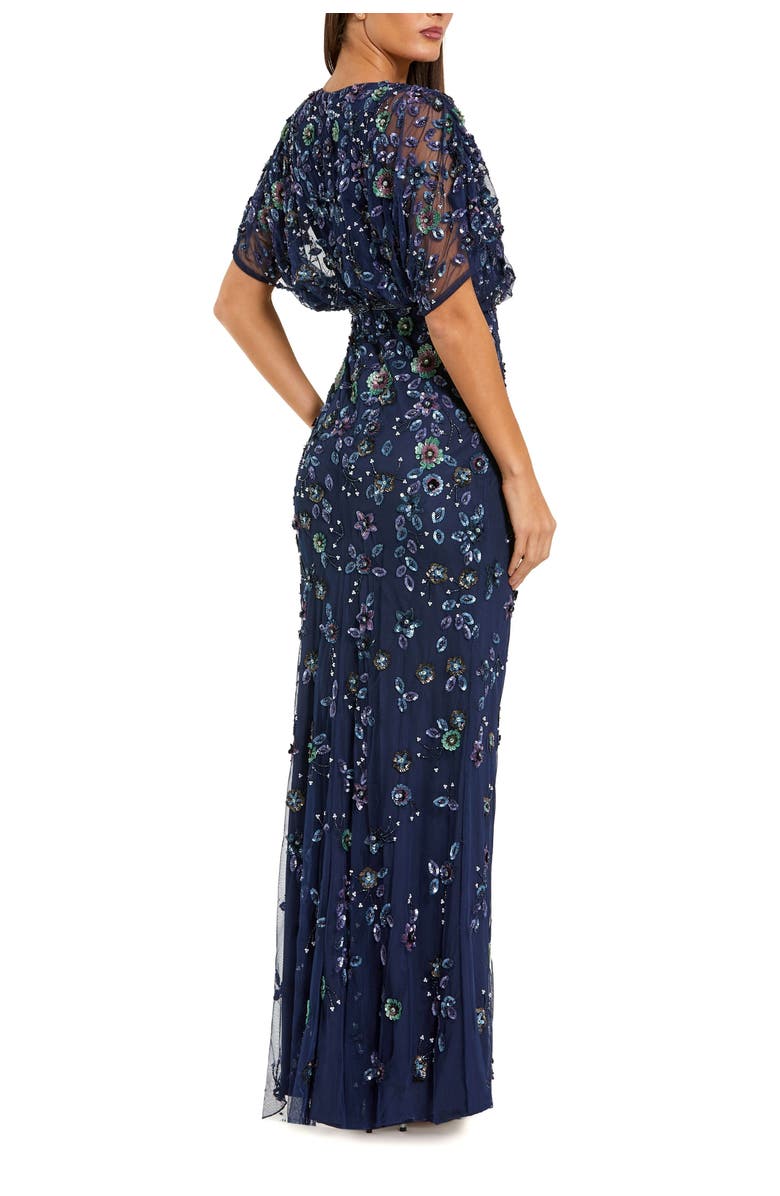 Mac Duggal Floral Embellished Short Sleeve Blouson Gown, Alternate, color, Navy