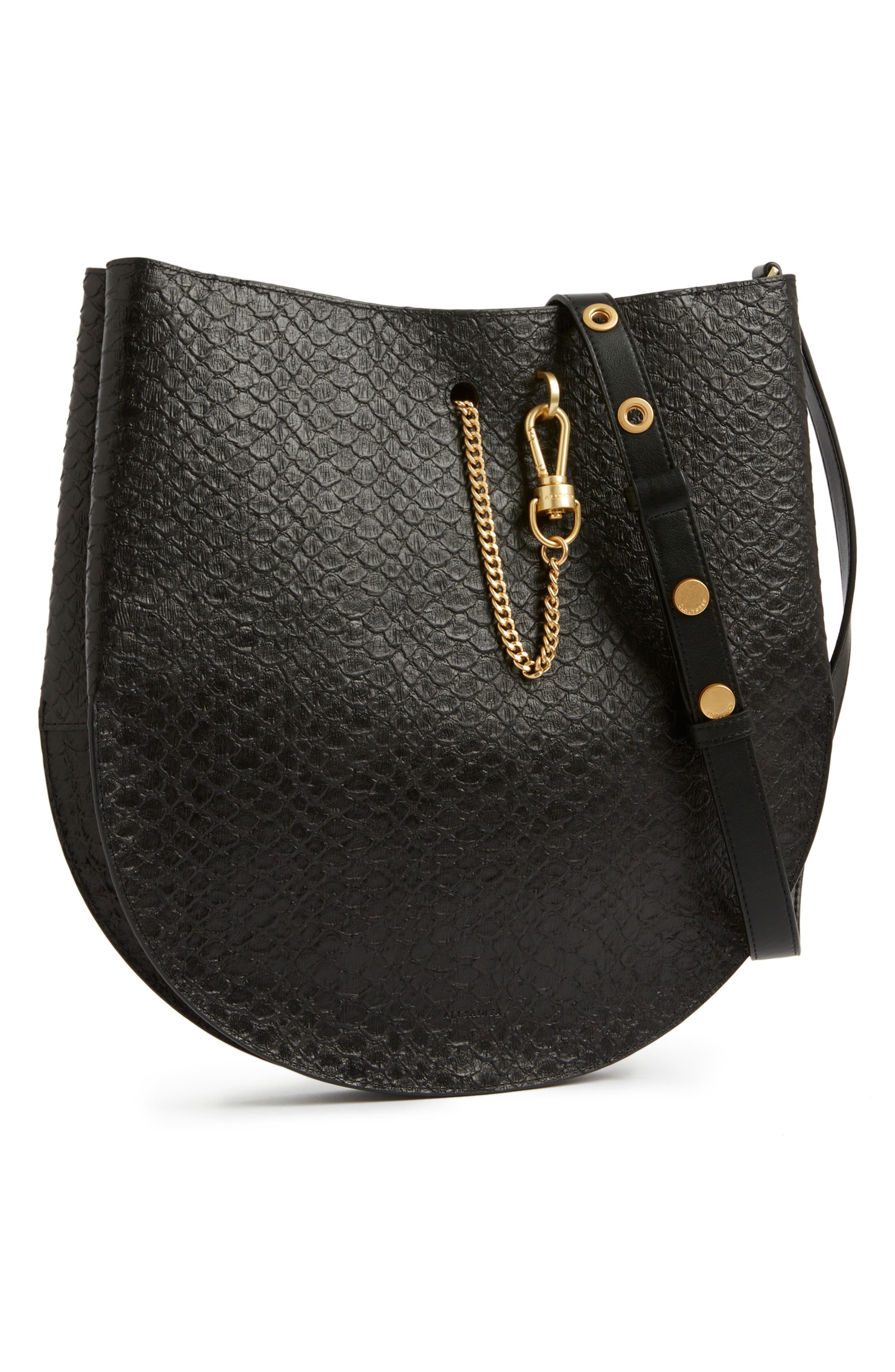 AllSaints Beaumont Snake Embossed Leather Hobo Bag, Alternate, color, 