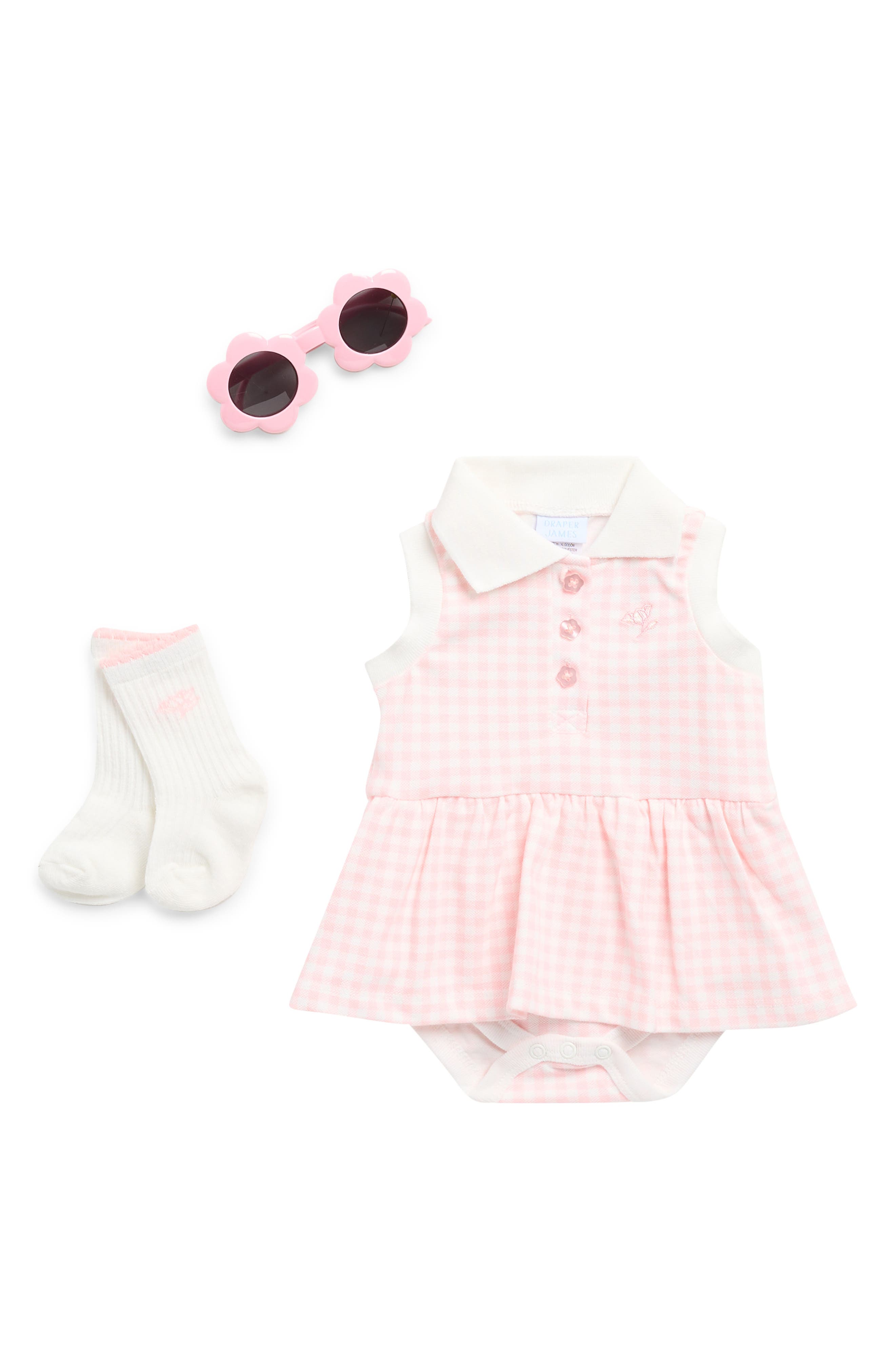Draper James Gingham Skirted Bodysuit, Socks & Sunglasses Set