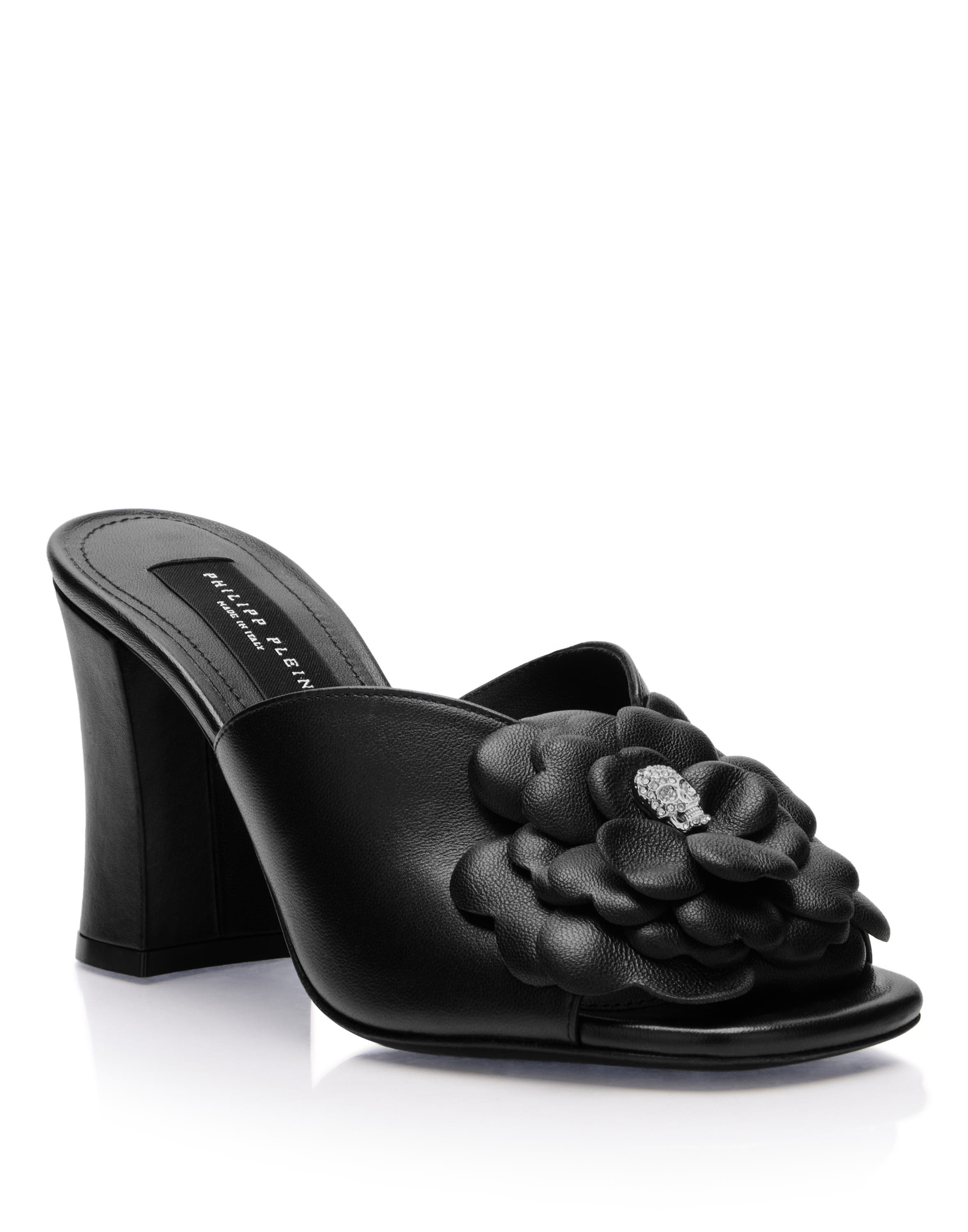 Leather Platform Sandals Flower Women, Main, color, black