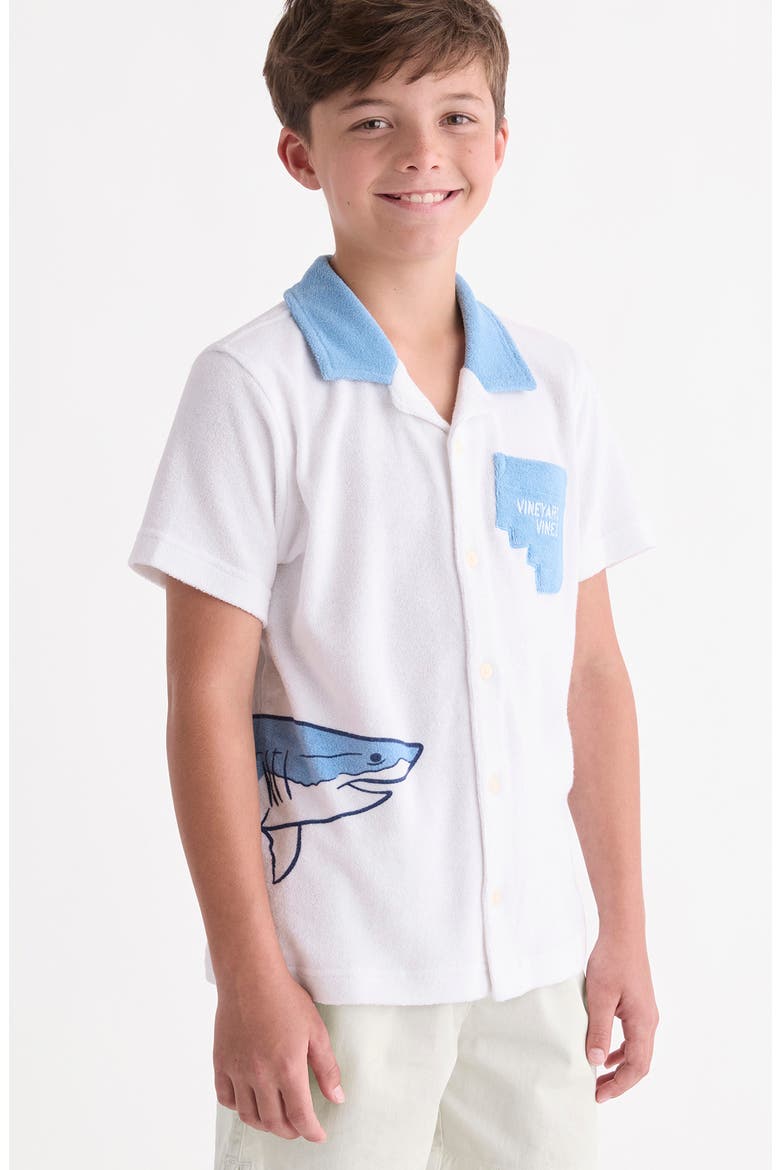 Kids' Shark Graphic Terry Trim Button-Up Shirt, Alternate, color, WHITE CAP
