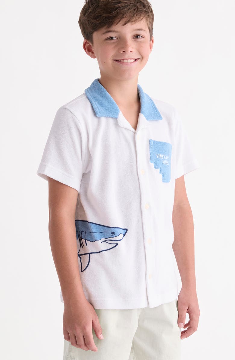 vineyard vines Kids' Shark Graphic Terry Trim Button-Up Shirt, Alternate, color, White Cap