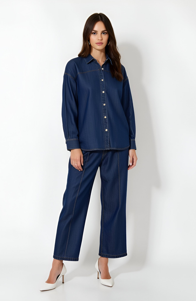 Modenaire Classic Button-Up Denim Shirt with Contrast Stitching and Long Sleeves, Alternate, color, 