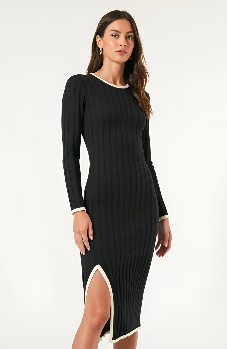 Modenaire Ribbed Knit Long Sleeve Midi Dress with Contrast Trim and Side Slit, Alternate, color, Black / White