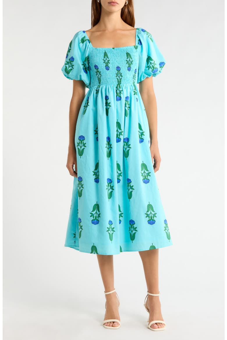Amena Floral Maray Smocked Cotton Midi Dress, Main, color, BLUE GREEN