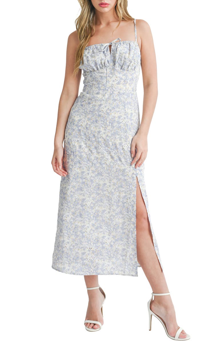 All in Favor Eyelet Embroidery Midi Dress, Main, color, Blue Ivory