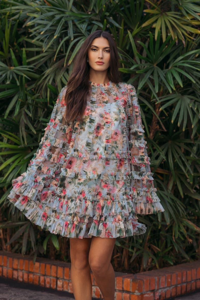 Printed Mesh Ruffle High Neck Mini Dress, Alternate, color, Blue Multi