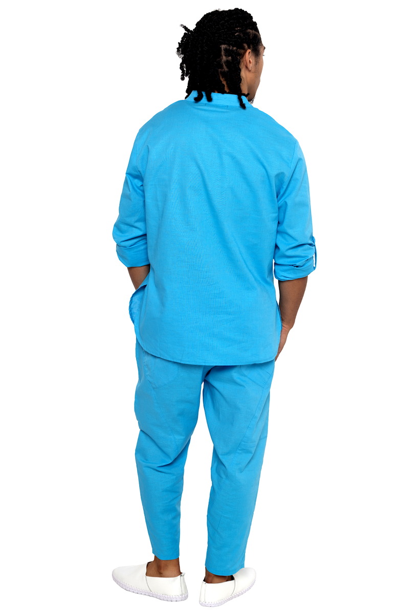 Dai Moda Men's Linen Nehru Collar Shirt, Alternate, color, Sky Blu