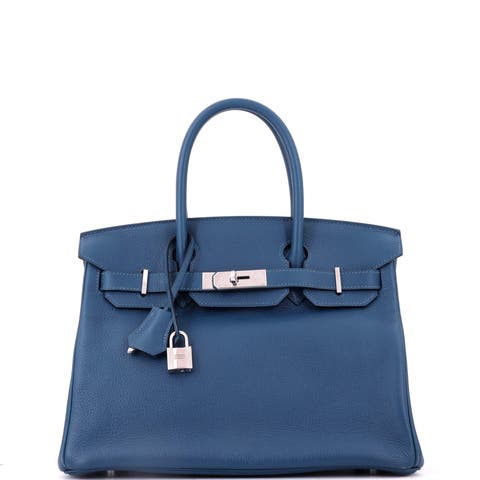 Birkin Handbag Blue Novillo with Palladium Hardware 30