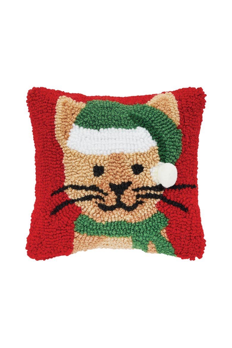 Brown Kitty Cat in Green Santa Hat Hooked Mini Christmas Accent Pillow 8" x 8", Main, color, Red