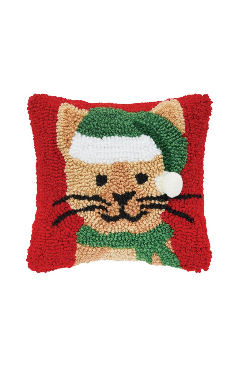 C&F Home Brown Kitty Cat in Green Santa Hat Hooked Mini Christmas Accent Pillow 8" x 8", Main, color, Red