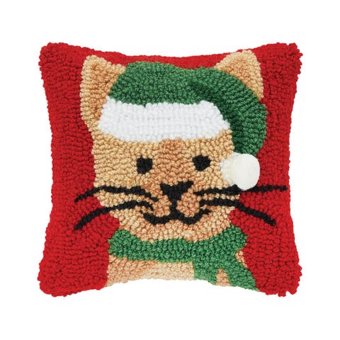 Brown Kitty Cat in Green Santa Hat Hooked Mini Christmas Accent Pillow 8" x 8"