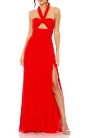 Mac Duggal Ruched Halter Strap Keyhole Chiffon Gown