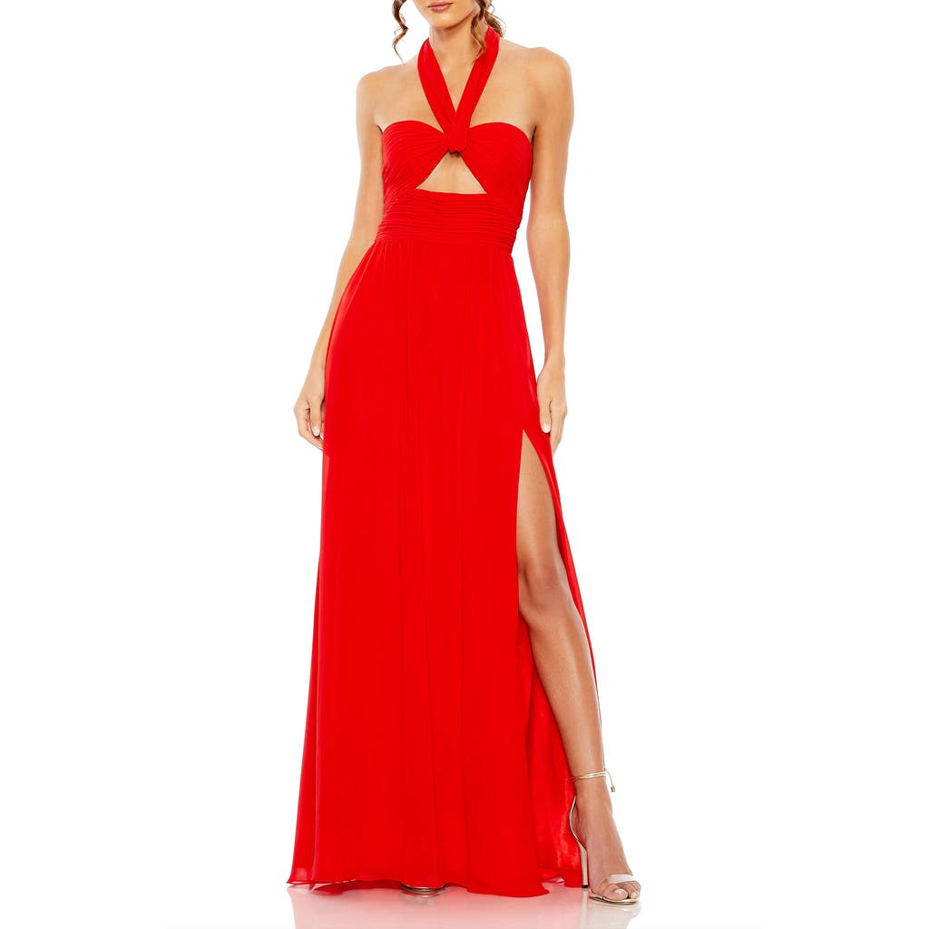 Mac Duggal Ruched Halter Strap Keyhole Chiffon Gown In Red