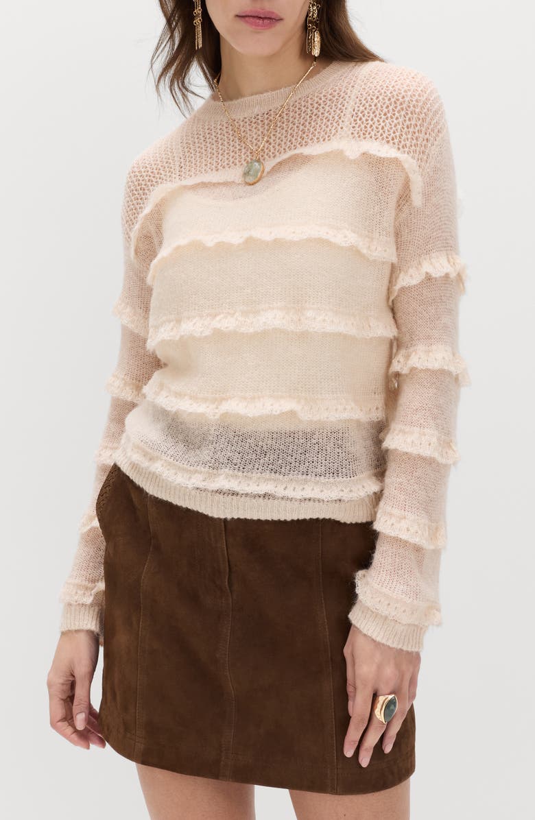PER UNA BY M&S Sheer Ruffle Jumper, Main, color, Oyster Pink