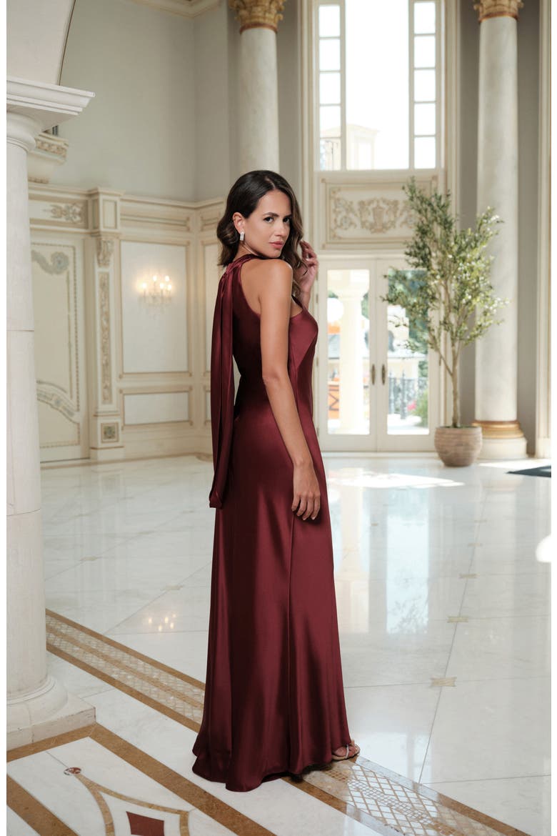 Halter Neck Satin Trumpet Gown, Alternate, color, WINE