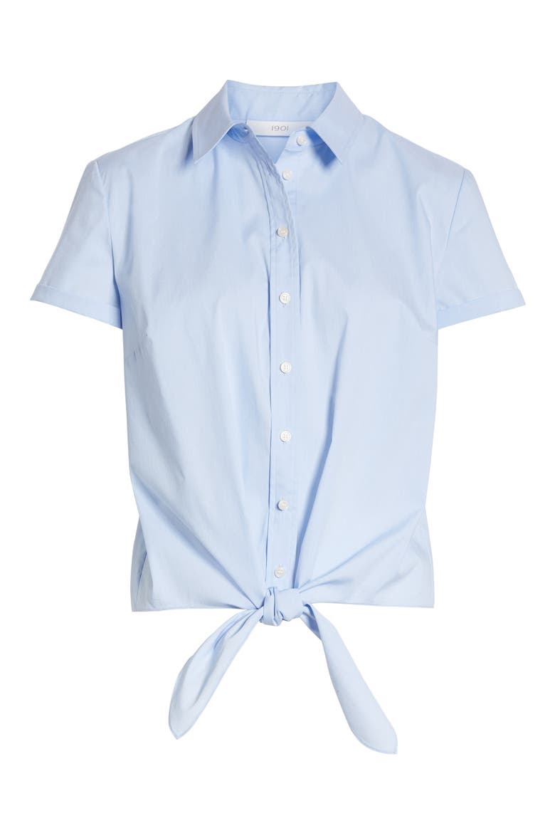 Tie Front Button Down Poplin Shirt, Alternate, color, BLUE END ON END