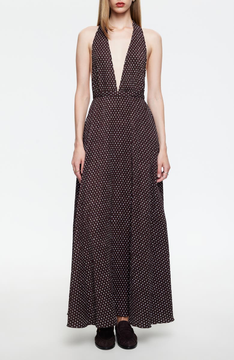 LIONESS District Maxi Halter Dress, Main, color, Chocolate Blue Polka