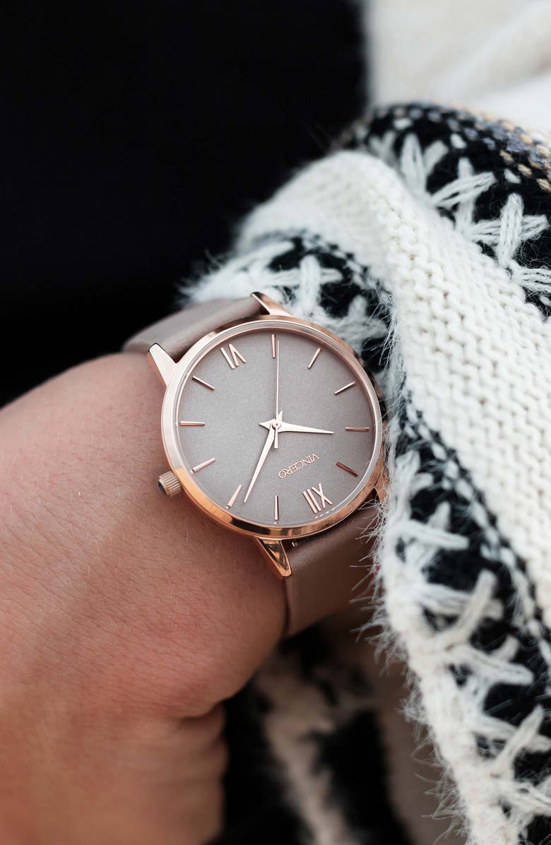 Vincero Eros Petite Leather Strap Watch, 33mm, Alternate, color, Rose Gold/ Taupe