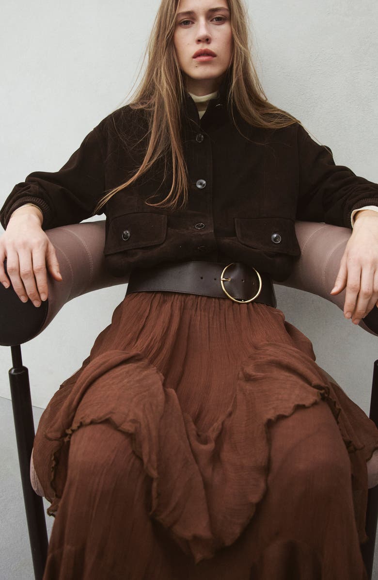 MANGO Ruffled Chiffon Maxi Skirt, Alternate, color, Brown