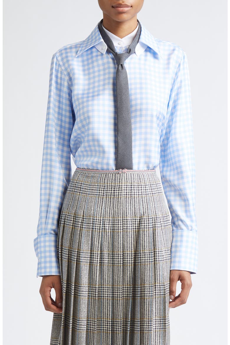 Gingham Silk Twill Button-Up Shirt, Main, color, LIGHT BLUE