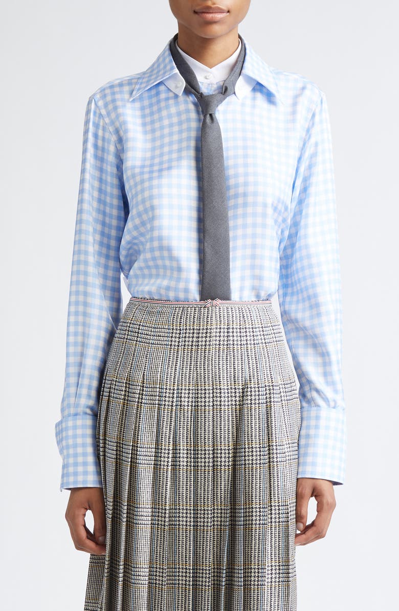 Thom Browne Gingham Silk Twill Button-Up Shirt, Main, color, Light Blue