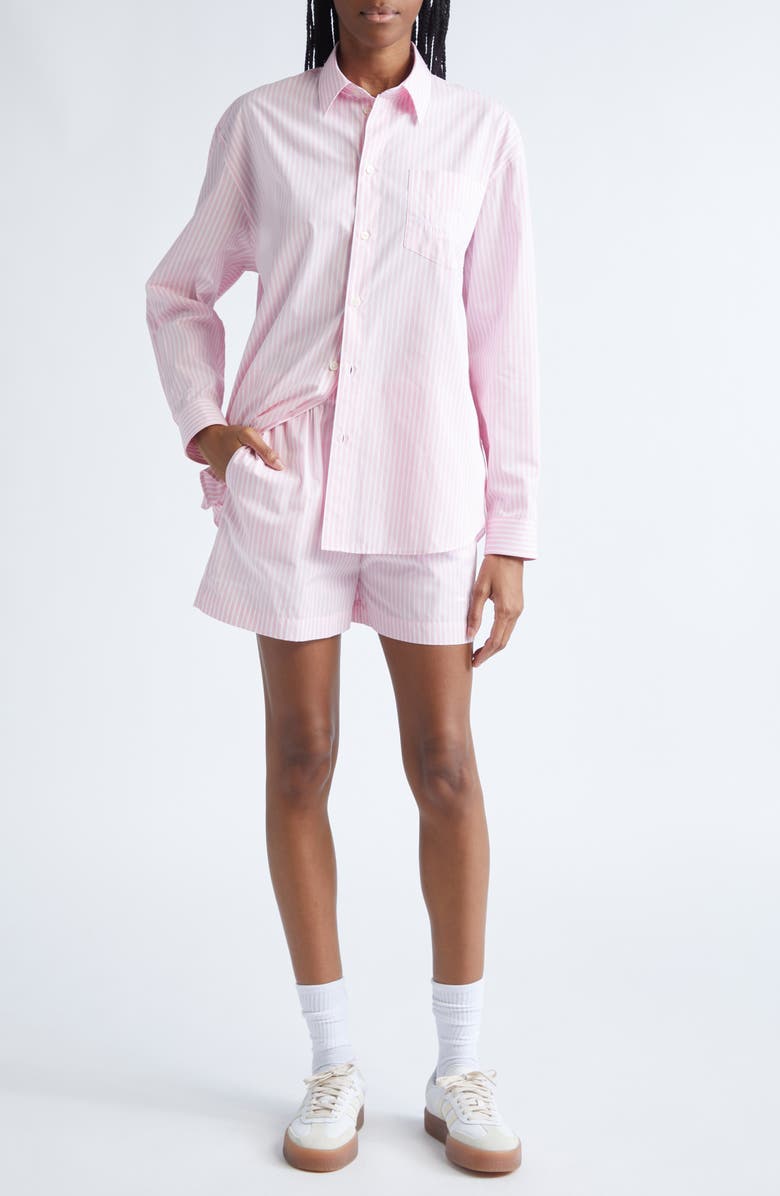 Sporty & Rich Eden Script Stripe Cotton Button-Up Shirt, Alternate, color, Pink/ White Thin Stripe