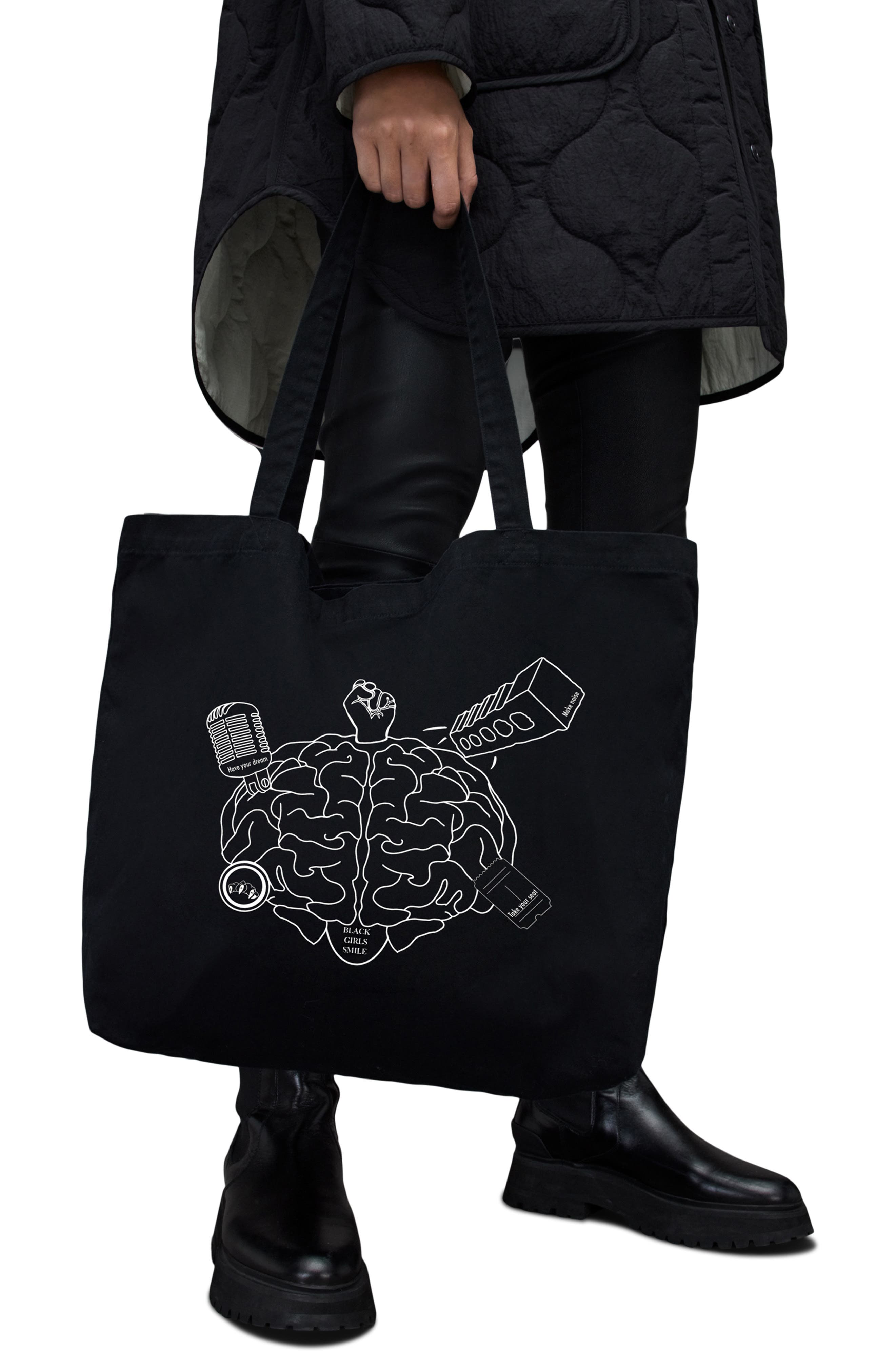 AllSaints Black Girls Smile Tote, Alternate, color, 