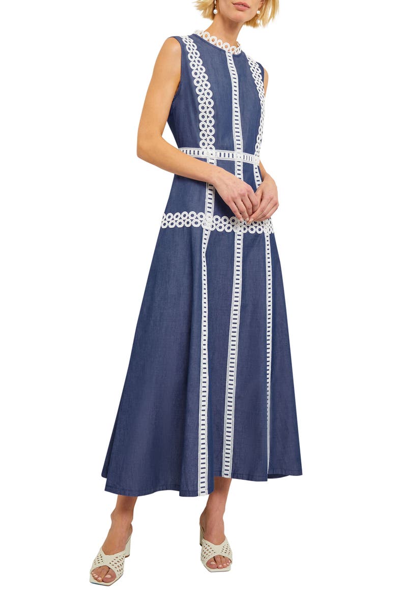 Eyelet Trim Sleeveless Cotton Dress, Main, color, MAZARINE/ WHITE