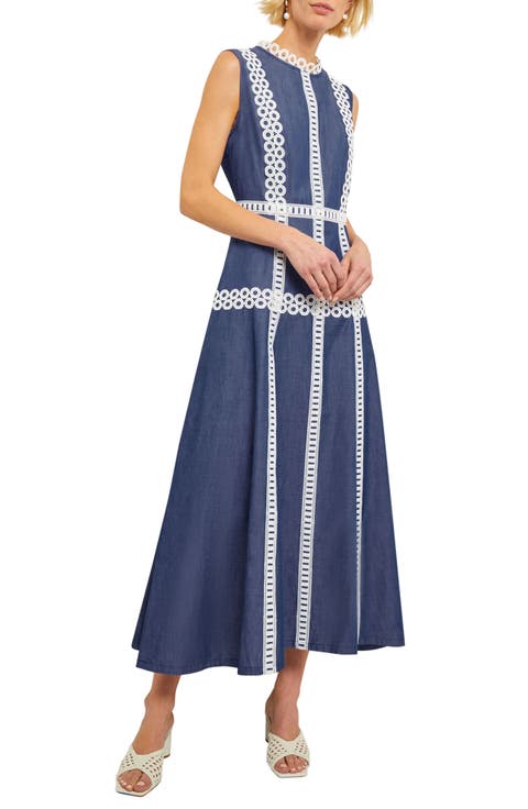 Eyelet Trim Sleeveless Cotton Dress