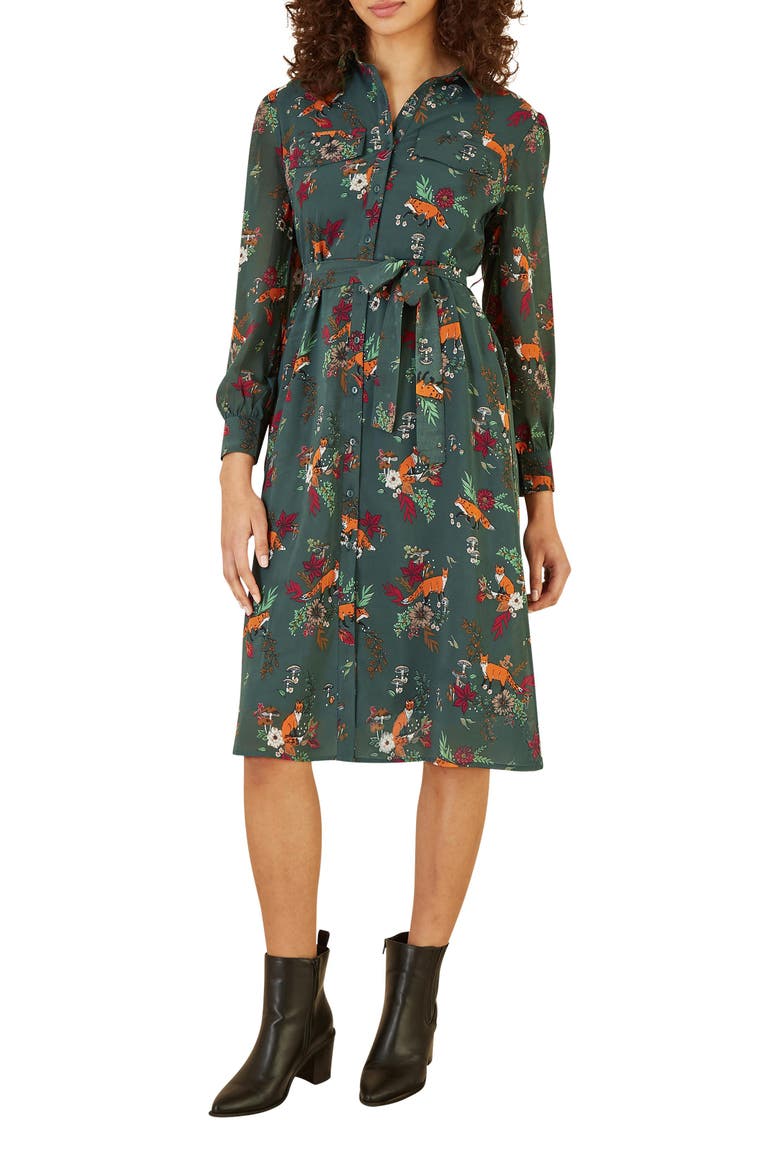 Fox Print Shirt Midi Dress, Alternate, color, Green