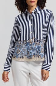 Foxcroft Jodie Stripe & Paisley Print Button Down Blouse