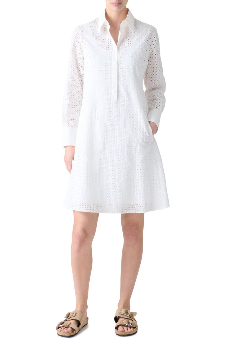 Diamond Eyelet Long Sleeve Cotton Poplin Shirtdress, Main, color, CREAM